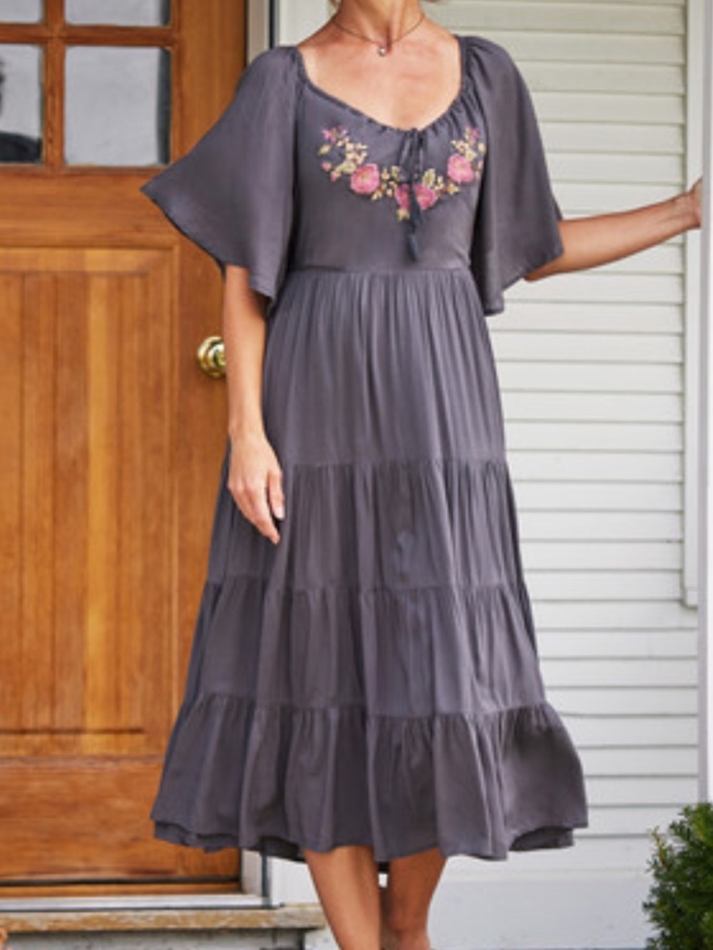 April Cornell Muse Dress Charcoal Grey Flutter Sleeve Embroidered
